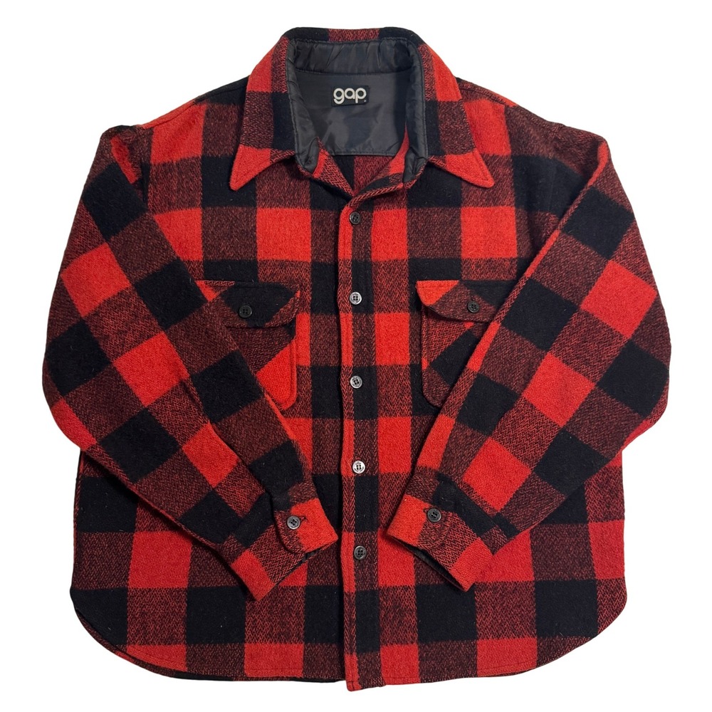 VINTAGE 70's 80's Gap Shirt Jacket Mens XL Red Black Buffalo Plaid Check Wool